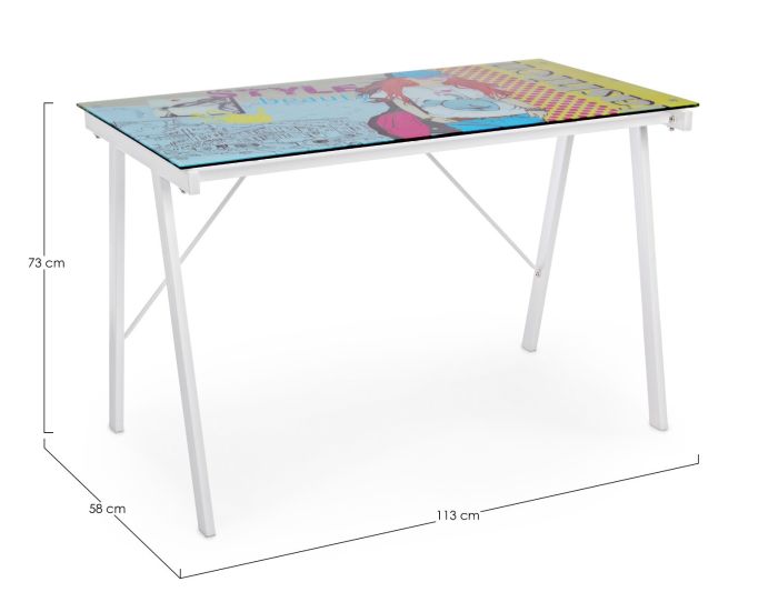 Mesa Escritorio Dibujos Vidrio Templado Acero Blanco, 113 Cm