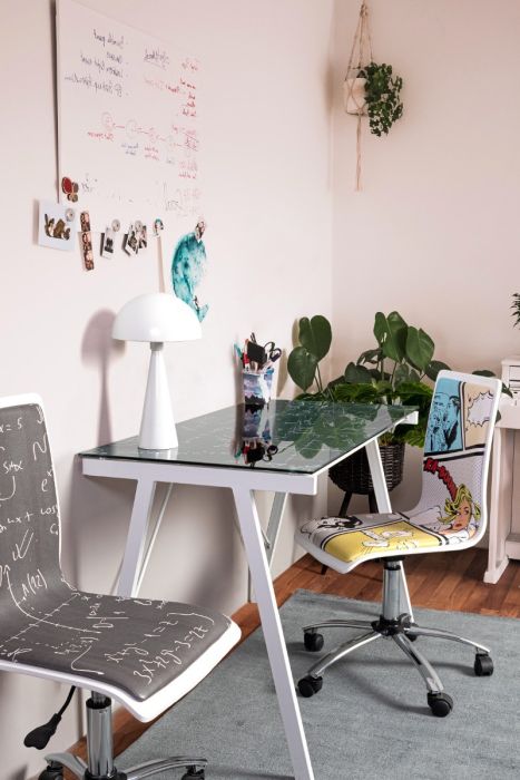 Escritorio Matemáticas Acero Blanco Mate Vidrio Templado, 113 Cm