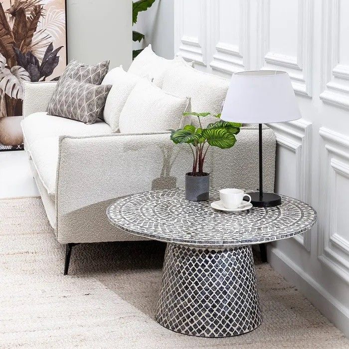 Mesa Auxiliar Redonda Mosaico Blanco Gris, 77 Cm