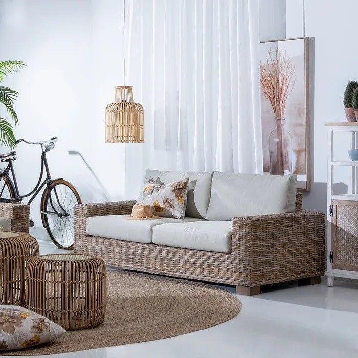 Sofá 2 Plazas Tejido Beige Rattán Natural, 198 Cm