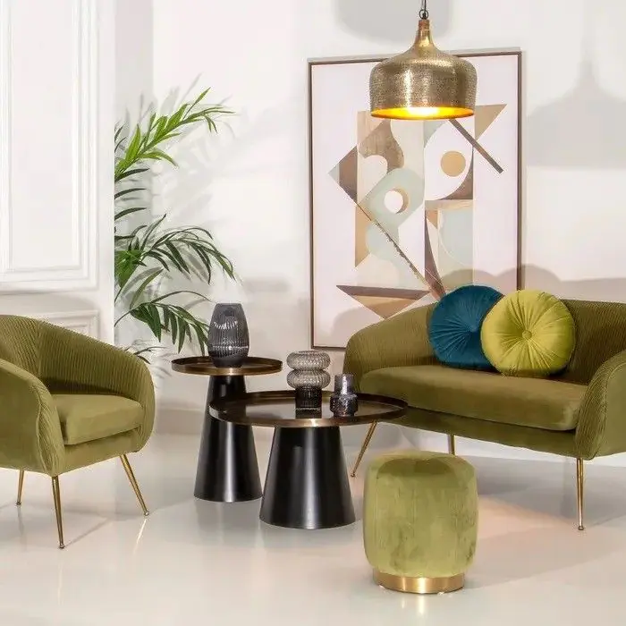 Sillón Art Decó Terciopelo Verde Metal Dorado, 74 Cm