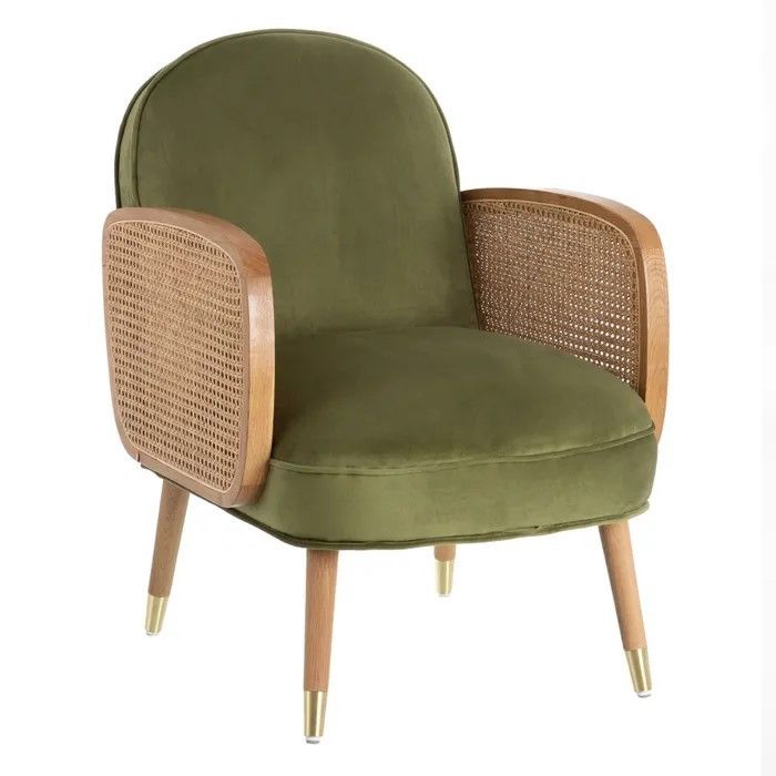 Sillón Verde Brazos Rejilla Ratán Terciopelo