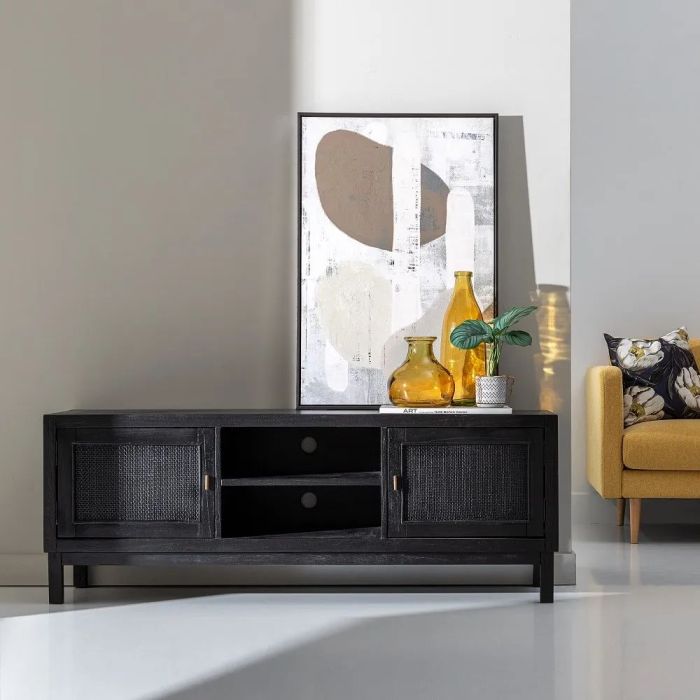 Mueble TV Madera Negro Ratán Salón, 150 Cm