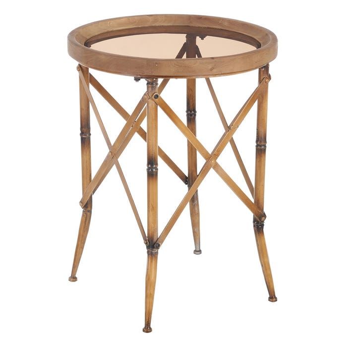 Set 2 Mesas Auxiliares Metal Cristal Marrón, 50 Cm