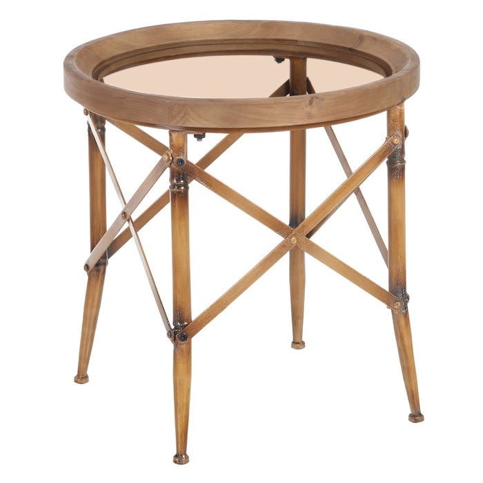 Set 2 Mesas Auxiliares Metal Cristal Marrón, 50 Cm