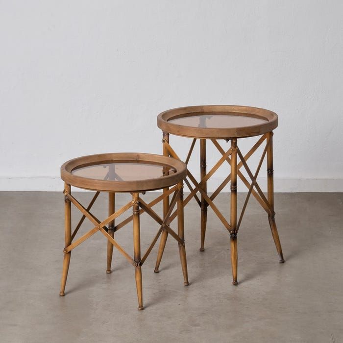 Set 2 Mesas Auxiliares Metal Cristal Marrón, 50 Cm