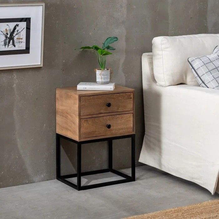 Mesita de Noche Madera Mango Negro/Natural, 61 Cm