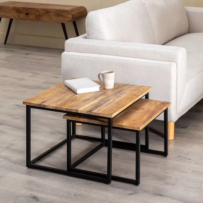 S/2 Mesa Centro Cuadrada Natural Madera Metal, 60 X 60 X 42 Cm