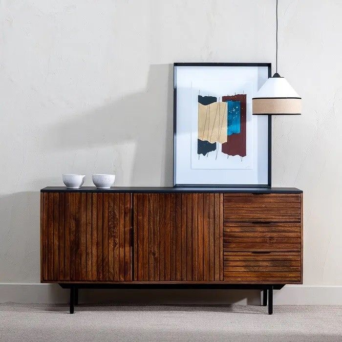 Aparador Diseño Tablillas Madera Mango Hierro Negro, 160 Cm