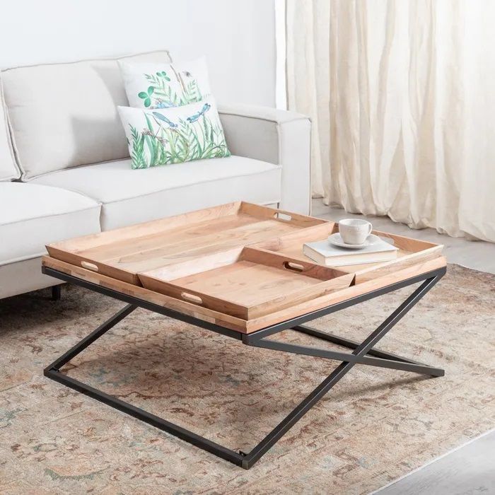 Mesa Centro Bandejas Madera Mango Hierro, 85 Cm