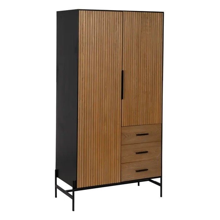Armario Líneas Negro Natural Madera Fresno Hierro, 104 X 53 X 203 Cm