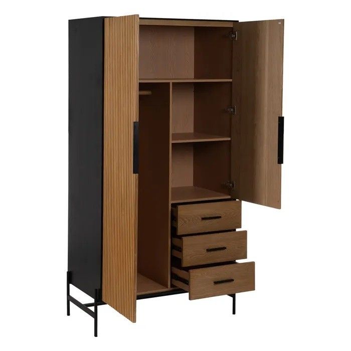 Armario Líneas Negro Natural Madera Fresno Hierro, 104 X 53 X 203 Cm