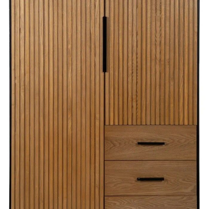 Armario Líneas Negro Natural Madera Fresno Hierro, 104 X 53 X 203 Cm