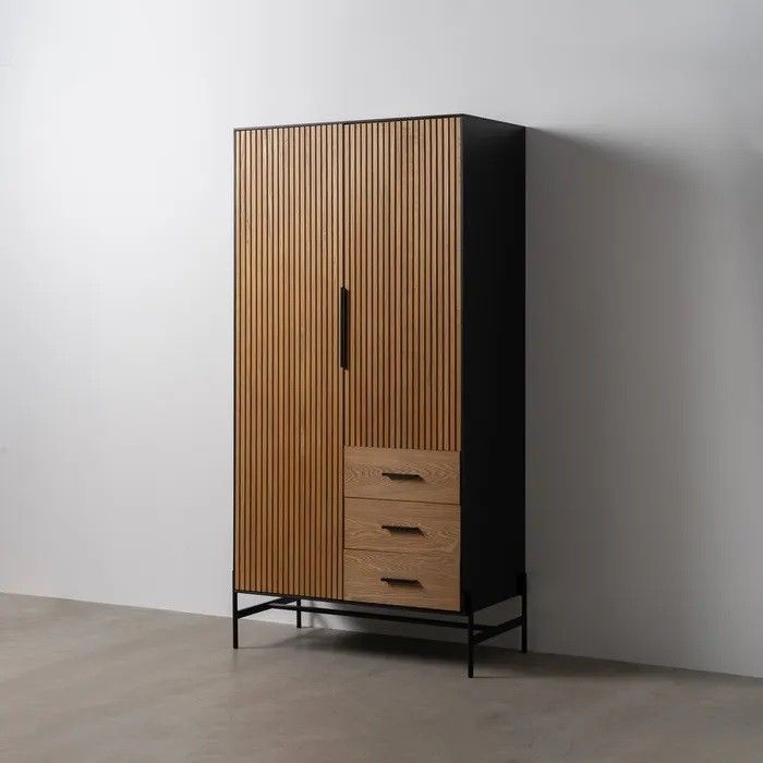 Armario Líneas Negro Natural Madera Fresno Hierro, 104 X 53 X 203 Cm