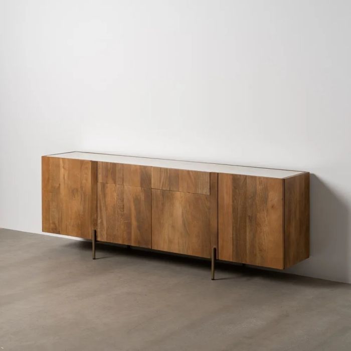 Aparador Mármol Blanco Madera Acacia Natural, 200 X 41 X 71 Cm
