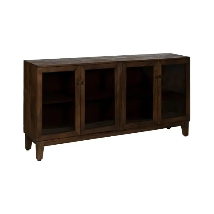 Aparador Marrón Puertas Vidrio Madera Mango, 180 X 35 X 87 Cm