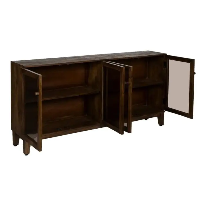 Aparador Marrón Puertas Vidrio Madera Mango, 180 X 35 X 87 Cm