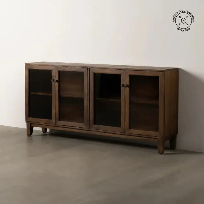 Aparador Marrón Puertas Vidrio Madera Mango, 180 X 35 X 87 Cm