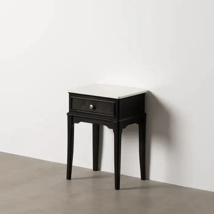 Mesita De Noche Madera Negro Recuperada Mármol, 61 Cm