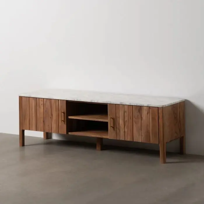 Mueble TV Natural Madera Acacia Mármol, 141 X 41 X 45 Cm