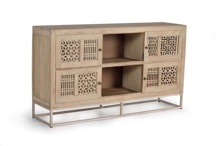 Aparador Madera Mango Natural Base Hierro 4 Puertas, 160 Cm