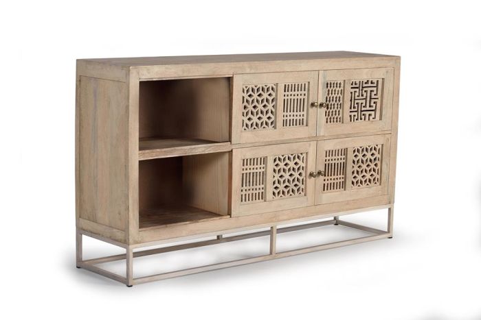Aparador Madera Mango Natural Base Hierro 4 Puertas, 160 Cm