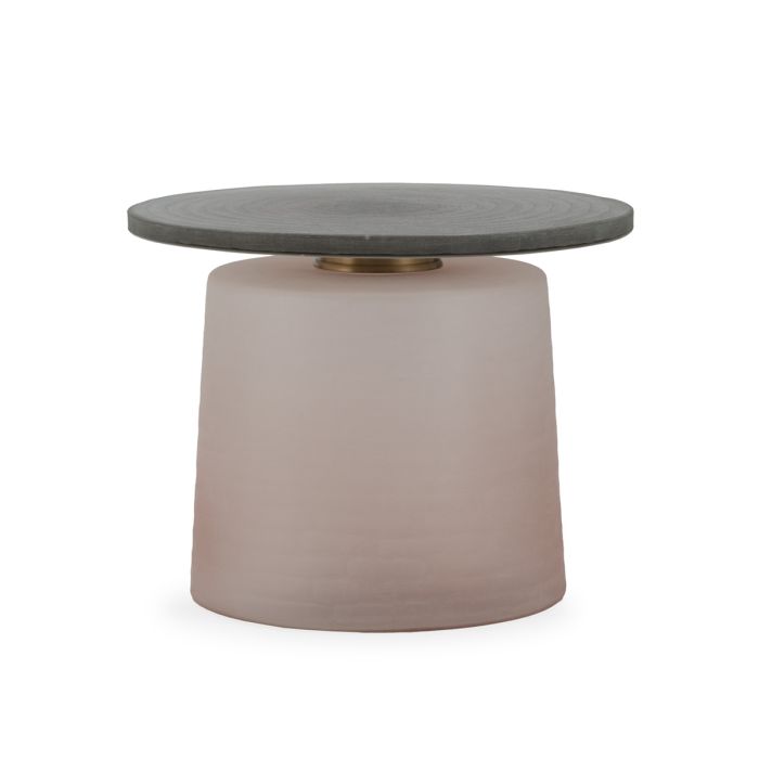 Mesa de centro de diseño italiano en cristal tallado a mano acabado piedra y rosáceo con metal dorado.