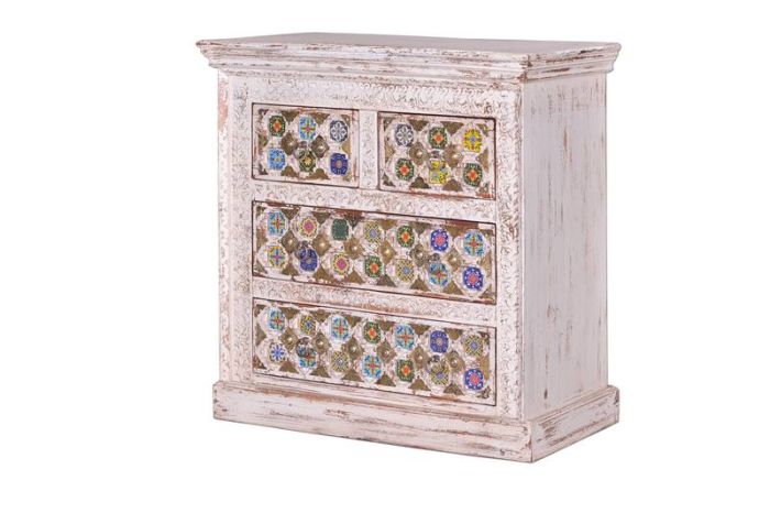Cómoda Madera Azulejos Bronce 4 Cajones, 90 Cm