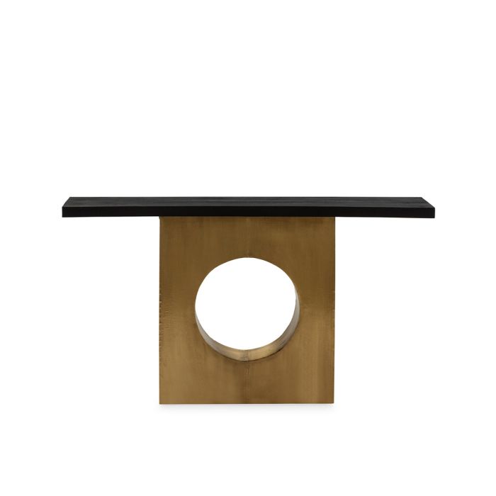 Consola en Madera Maciza Negra y Chapado de latón de estructura rectangular.