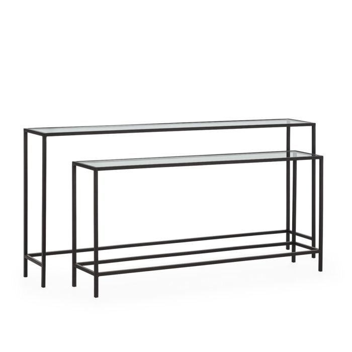 Set de 2 consolas industrial moderno en metal negro y sobre de cristal.