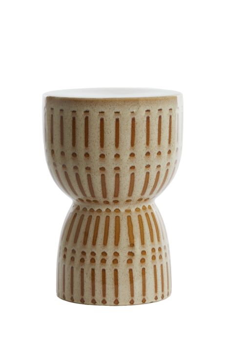 Mesa auxiliar étnica en cerámica brillante crema y marrón.
