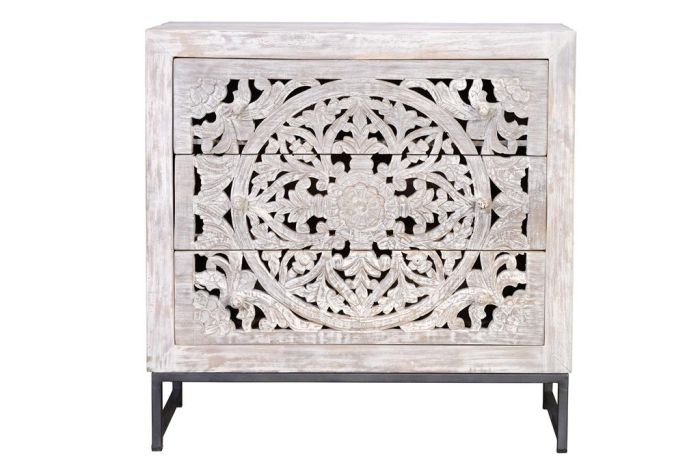Cómoda Mango Tallado Blanco 3 Cajones, 80 Cm