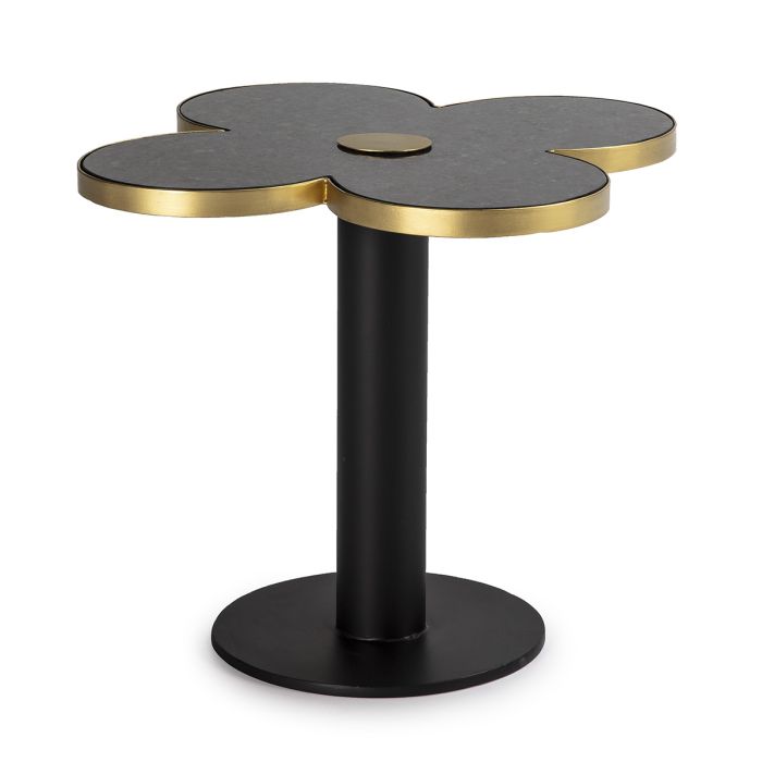 Mesa auxiliar art decó con sobre de flor en granito, metal negro y dorado.