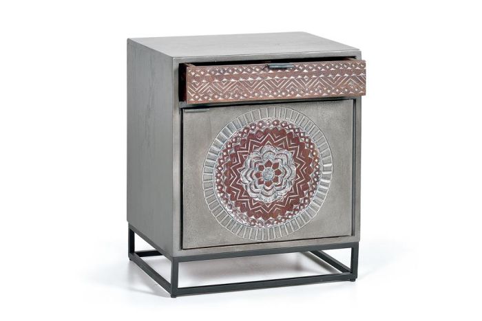 Mesita De Noche Oriental Madera Gris Detalles Tallados A Mano