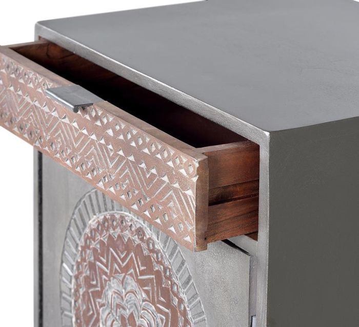 Mesita De Noche Oriental Madera Gris Detalles Tallados A Mano