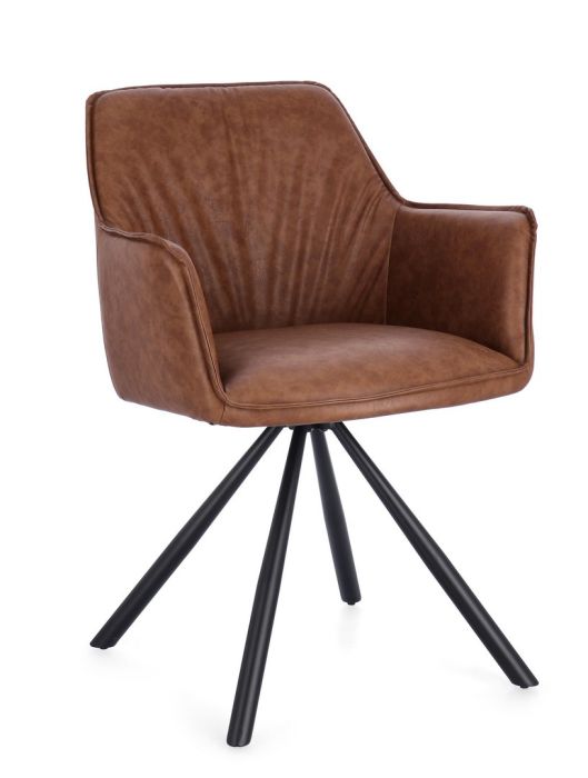Silla moderna en madera contrachapada tapizada en cuero marrón claro y patas de acero negro.