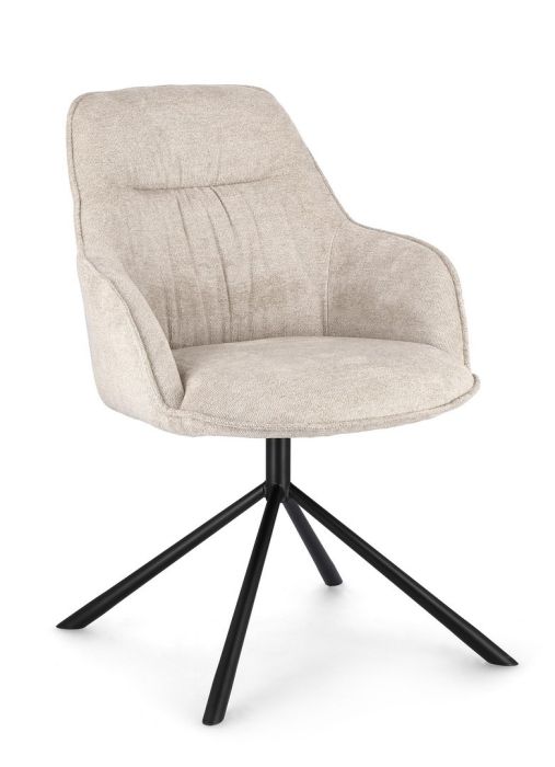 Silla diseño moderno en acero negro tapizado en tejido marfil patas en forma de aspa.