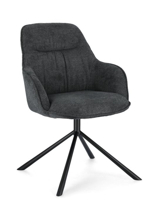 Silla diseño moderno en acero negro tapizado en tejido oscuro patas en forma de aspa.