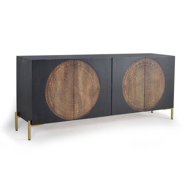 Aparador Estilo Oriental Madera Mango Color Nogal Metal Dorado, 173 Cm