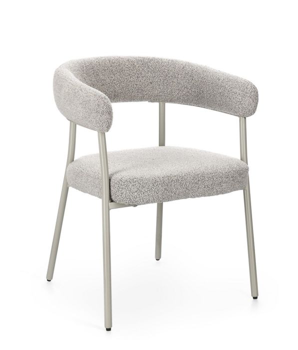 Silla contemporánea en madera contrachapada tapizada en tela gris y estructura de acero.