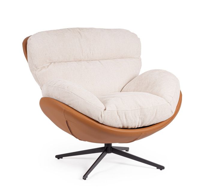 Sillón moderno en madera contrachapada tapizado en cuero, tejido blanco y patas de acero negro.