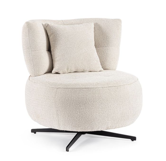 Sillón moderno en madera contrachapada tapizado en tejido blanco y patas de acero negro.