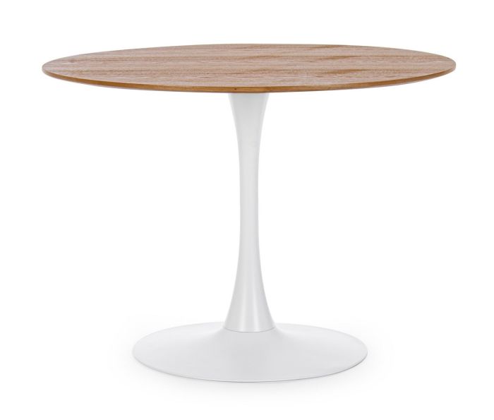 Mesa de comedor nórdica con sobre de madera natural y base de acero blanco.