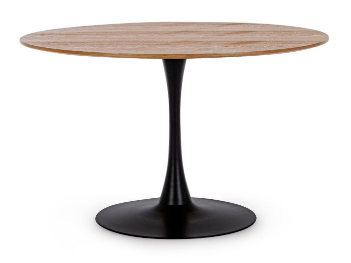 Mesa de comedor nórdica con sobre de madera natural y base de acero negro.