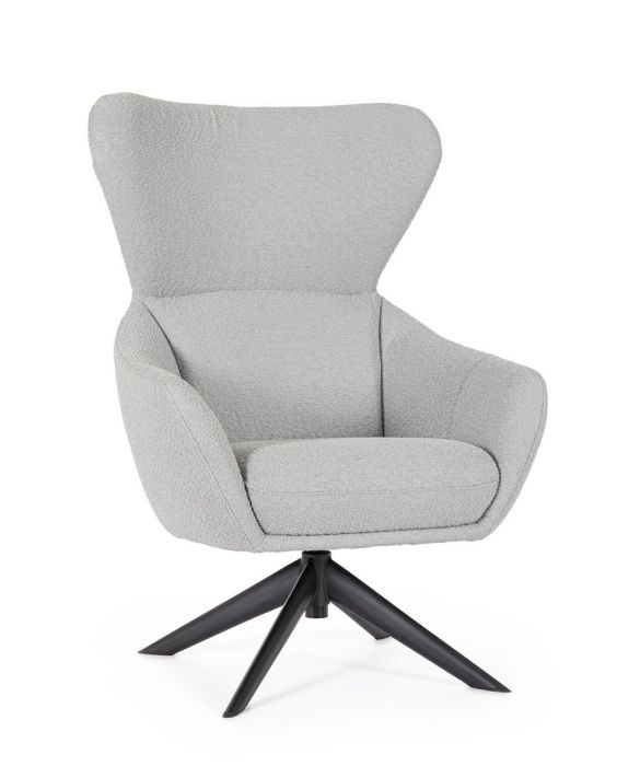 Sillón giratorio moderno tapizado en tela gris y patas de acero negro.