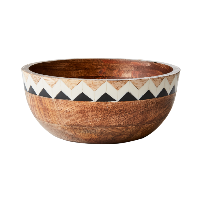 Bol étnico en madera de mango marrón con detalles en blanco y negro.