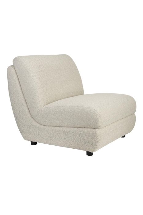Sillón nórdico en tela, fibra de olefina y plástico de polipropileno en beige con patas negras.