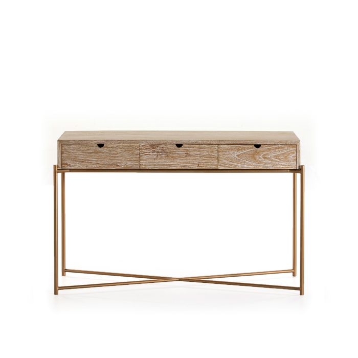Consola de Madera en Blanco Lavado y Metal Dorado.