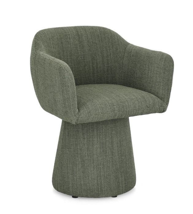 Sillón giratorio moderno en estructura de madera contrachapada tapizada en tela verde.