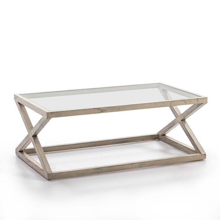 Mesa de centro nórdica en madera gris velado con sobre de cristal.